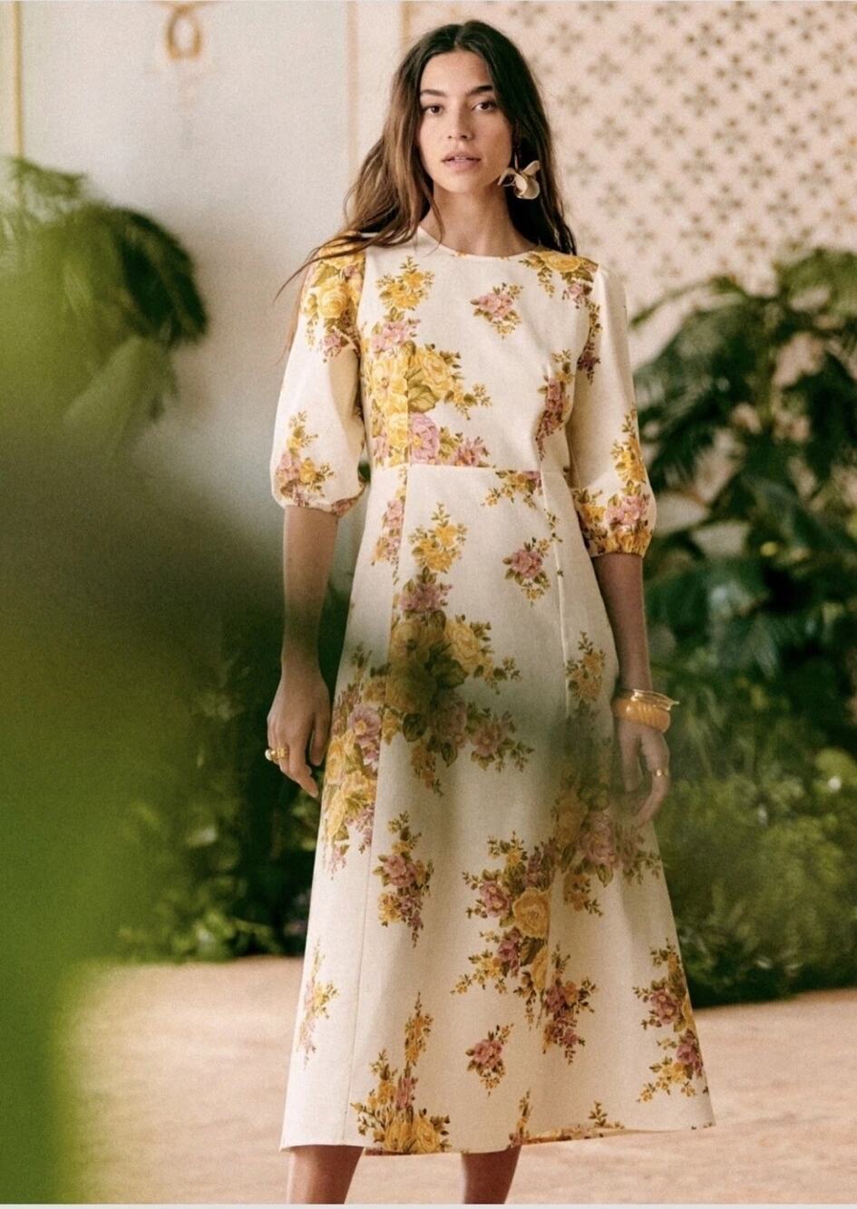 Nwt Sézane Jiana Ella Floral Linen Blend Puff Sleeves Open Back Midi Dress US 10